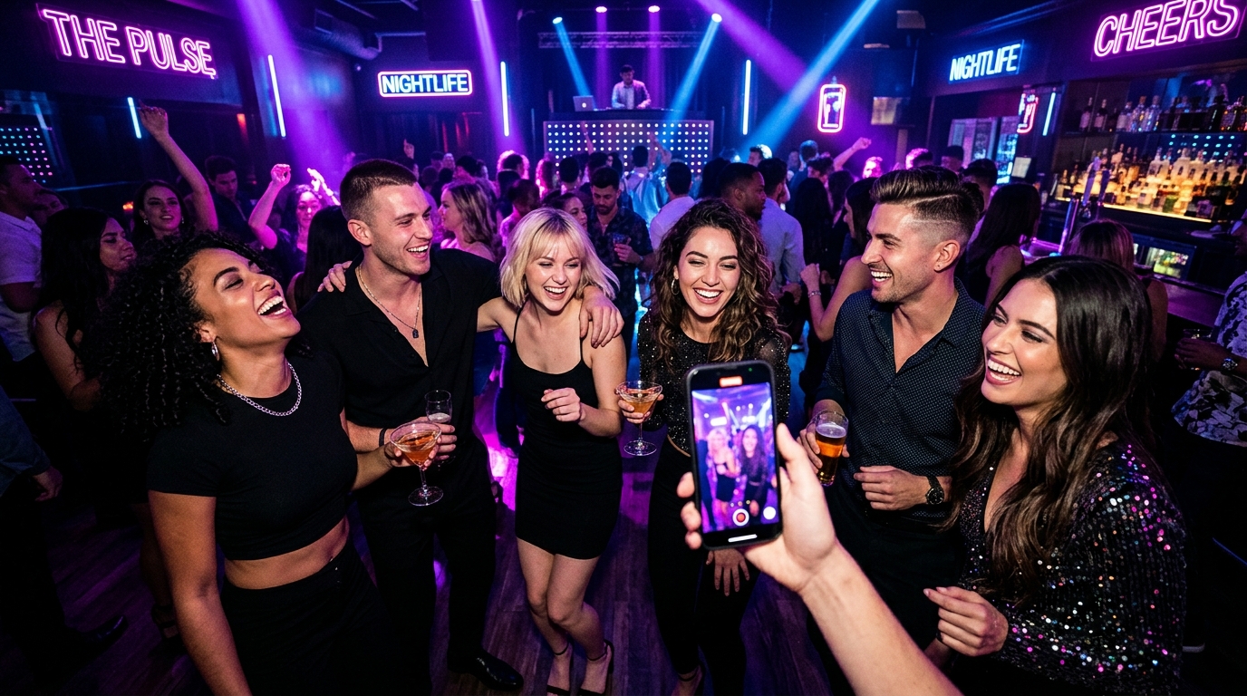 Friends partying in vibrant neon nightclub recording with SOYO phone