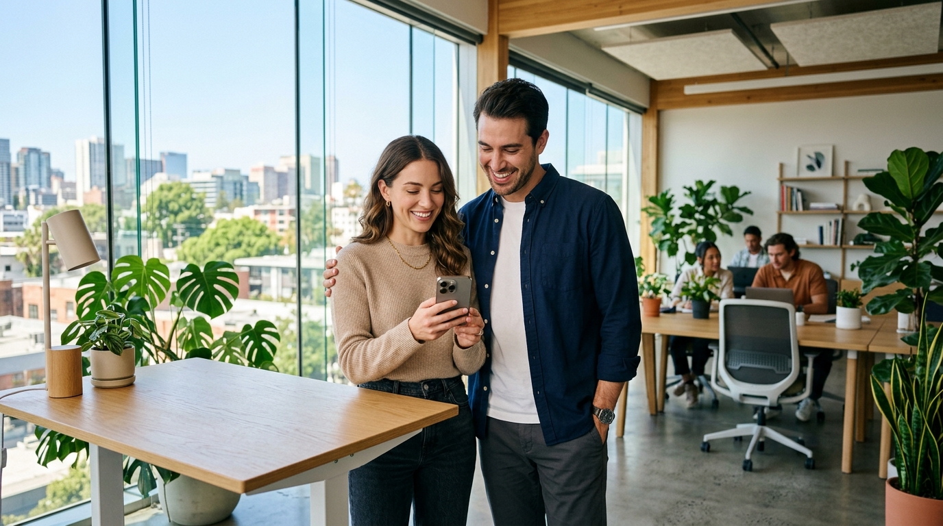 Young stylish professionals in creative office using SOYO smartphone