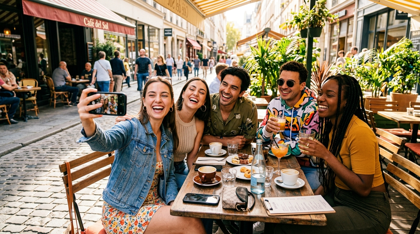 Group of friends laughing at outdoor cafe taking group selfie with SOYO